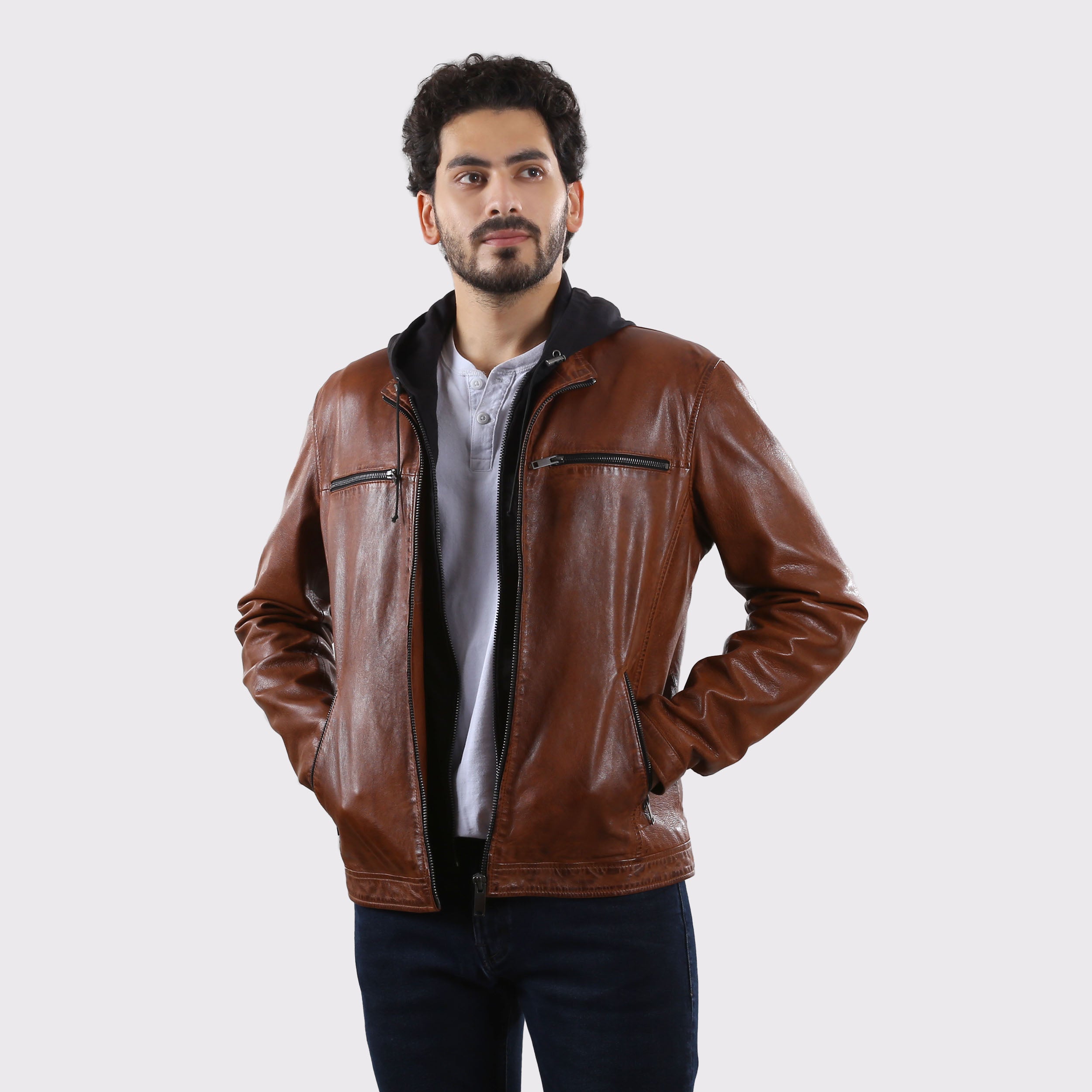 Men's Brown Leather Racer Jacket with Removable Hoodie | New in 
